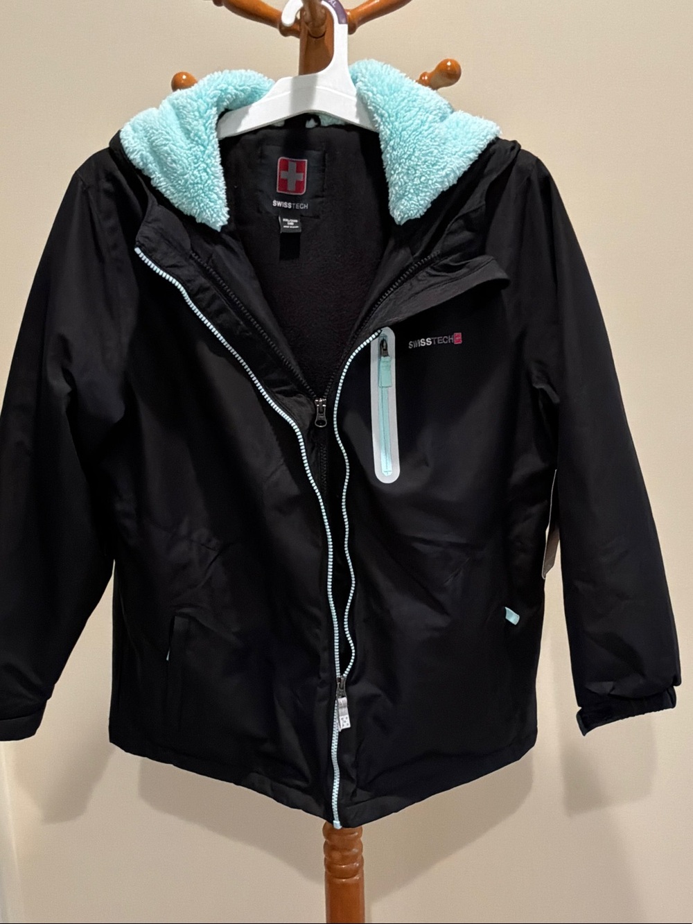 Swiss Tech Kids Black Jacket with Mint Sherpa Hood and Accent Zippers unisex